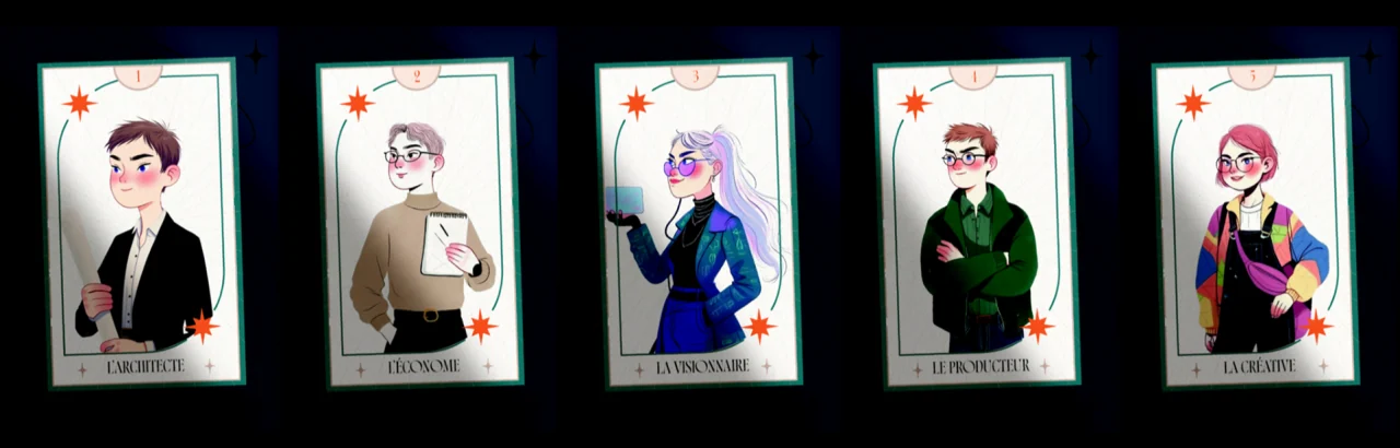 Cinq cartes illustrées façon tarot : l'Architecte, l'Économe, la Visionnaire, le Producteur et la Créative