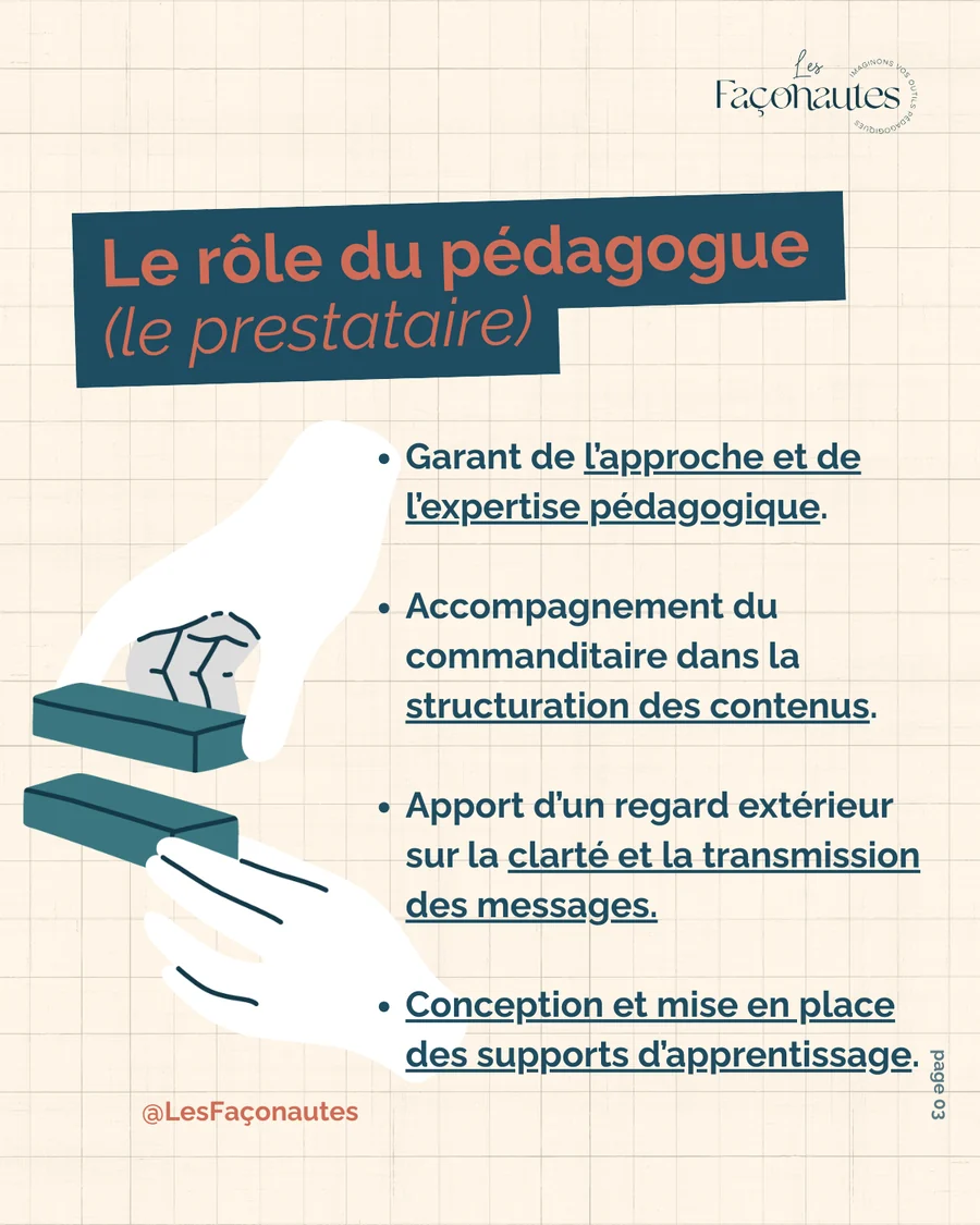 Le rôle du pédagogue (le prestataire) : approche pédagogique, structuration des contenus, regard extérieur, conception des supports d'apprentissage