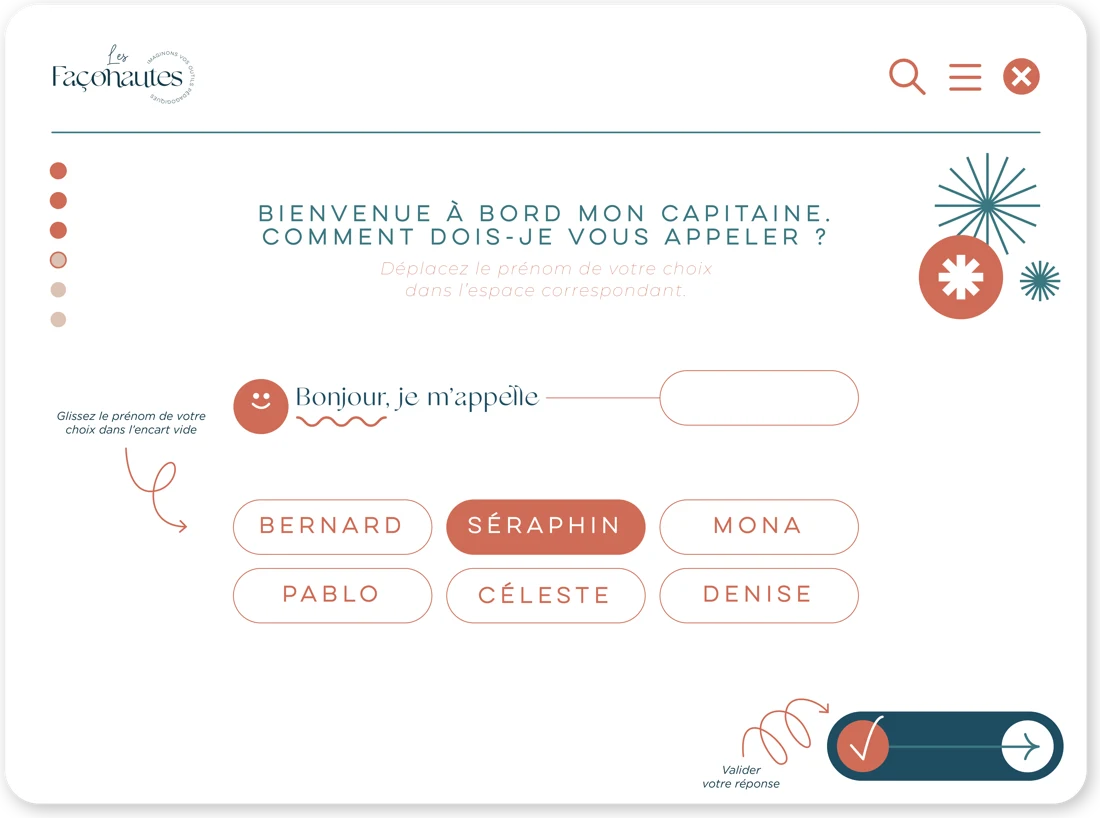 Exemple d'écran de module e-learning Les Façonautes : « Bienvenue à bord mon capitaine », activité glisser-déposer pour choisir son prénom