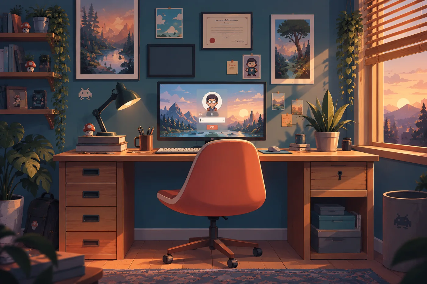 Décor immersif généré avec l'IA dans un style jeu vidéo : un bureau chaleureux au coucher du soleil, avec un écran de connexion