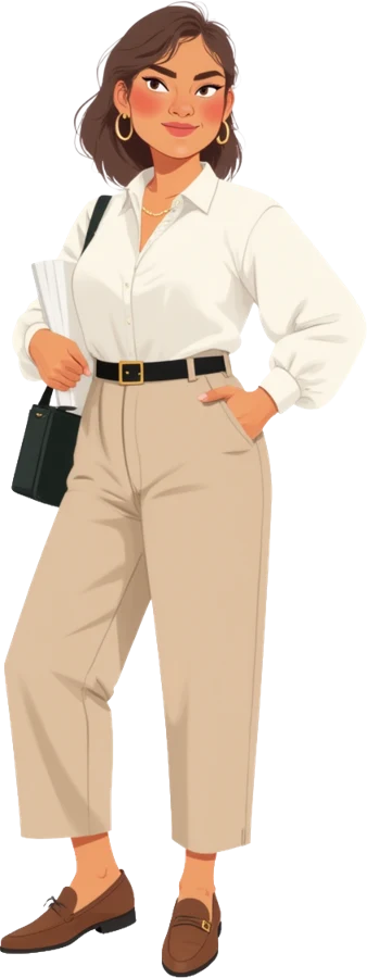 Personnage illustré généré avec l'IA : une responsable en chemise blanche et pantalon beige