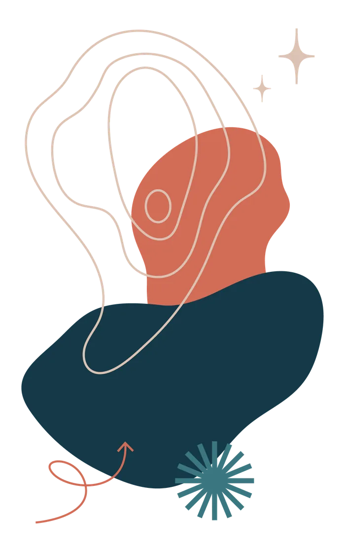Illustration Les Façonautes : formes bleu nuit et terracotta, étoile et flèche manuscrite