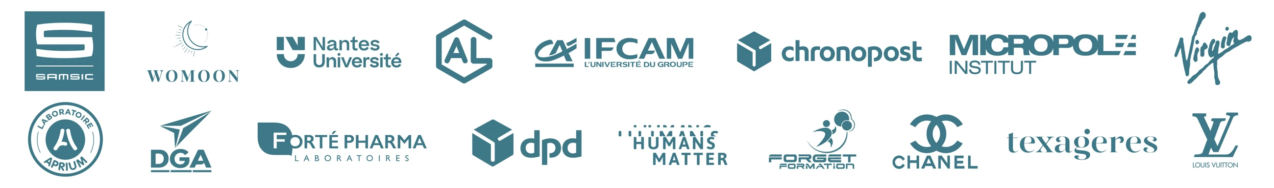 Logos clients des Façonautes : Samsic, Womoon, Nantes Université, Action Logement, IFCAM, Chronopost, Micropole Institut, Virgin, Laboratoire Aprium, DGA, Forté Pharma, DPD, Humans Matter, Forget Formation, Chanel, Texagères, Louis Vuitton