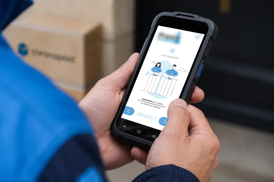 Livreur Chronopost consultant une capsule de mobile learning sur son terminal