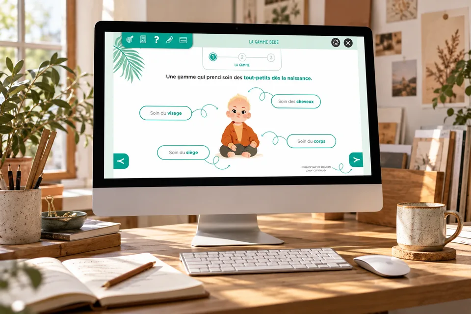 Module e-learning Aprium : mise en situation au comptoir de la pharmacie, gamme bébé