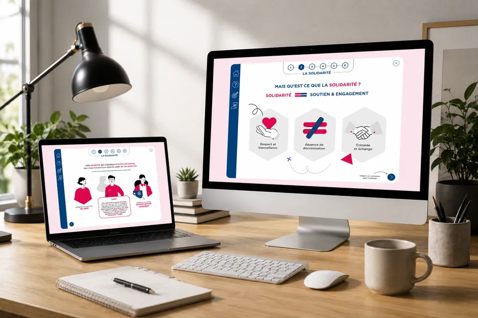 Écrans du module e-learning Action Logement sur la solidarité, sur ordinateur et portable