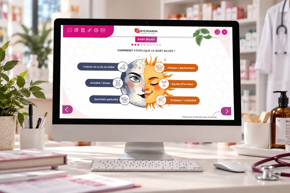 Écrans des modules e-learning Forté Pharma sur ordinateur et portable
