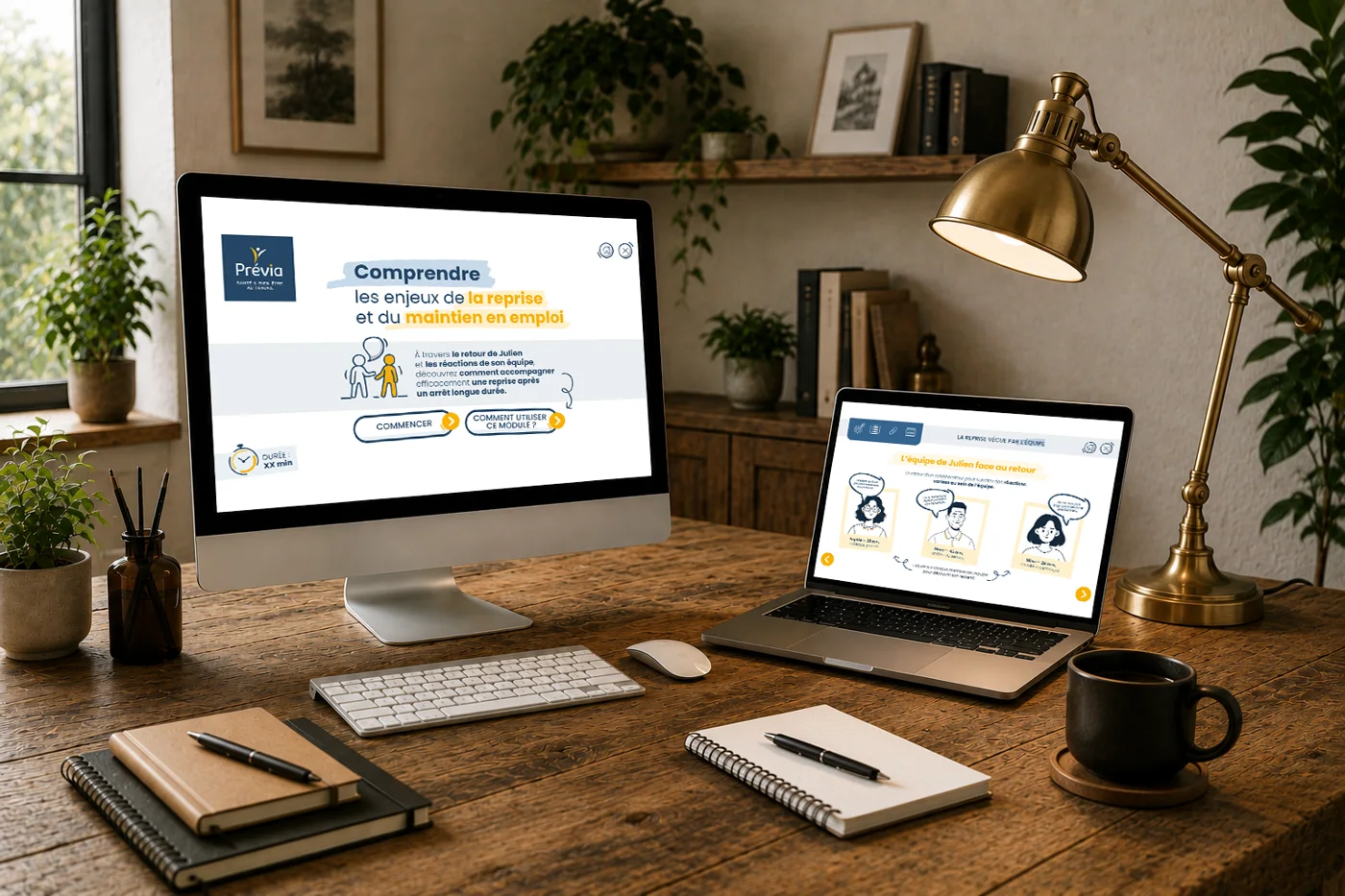 Le module e-learning Prévia affiché sur un écran d'ordinateur et un portable, posés sur un bureau en bois