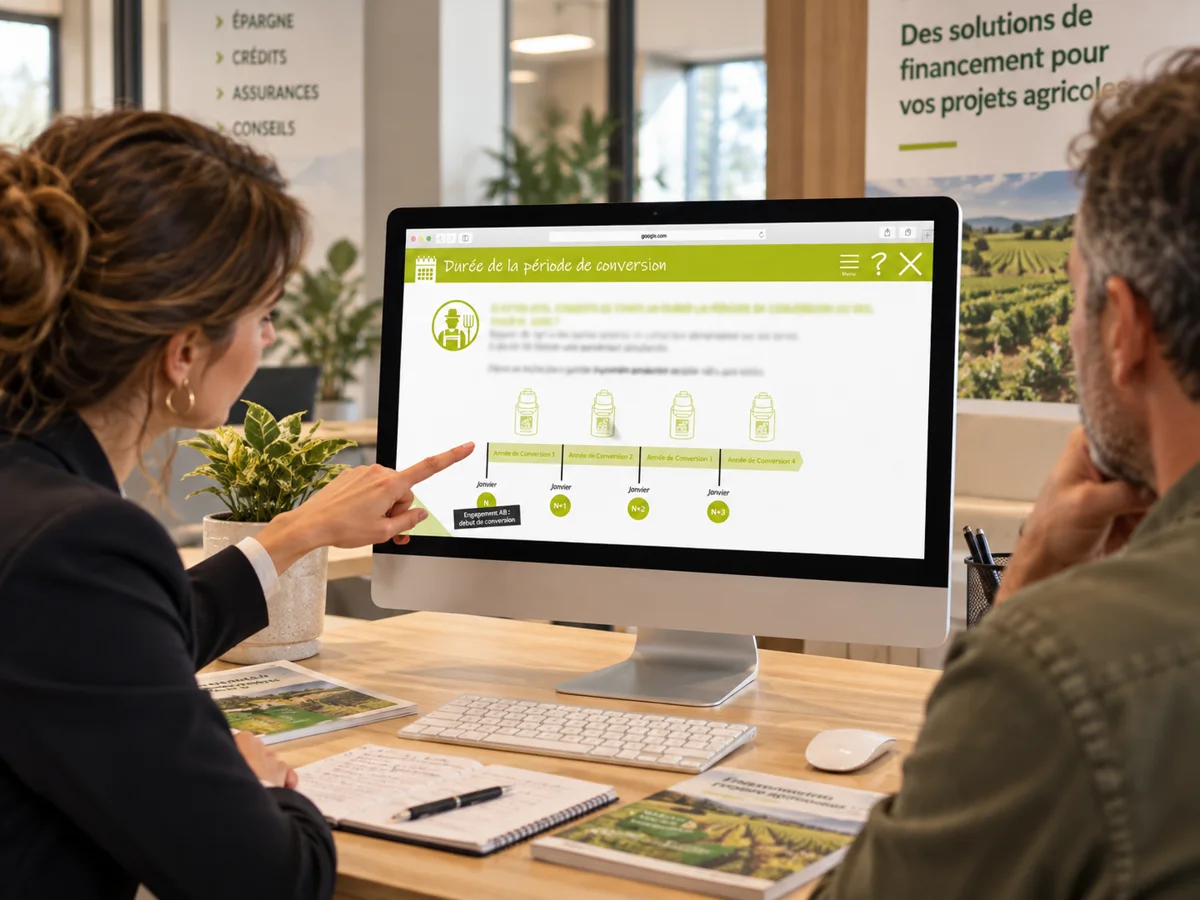 Une conseillère montre la frise « Durée de la période de conversion » à un agriculteur