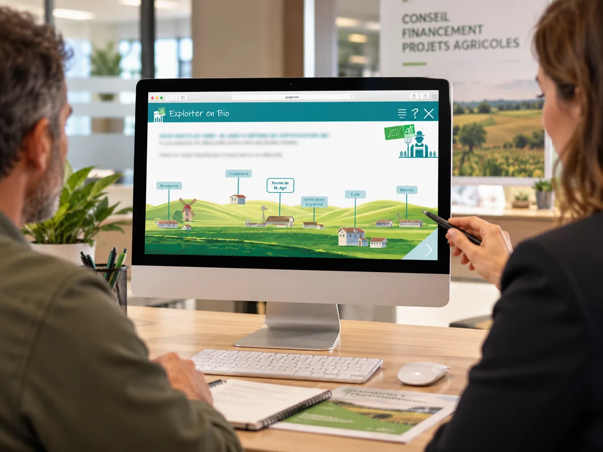 Une conseillère et un agriculteur devant l'écran « Exploiter en bio » : carte illustrée du territoire de M. Agri