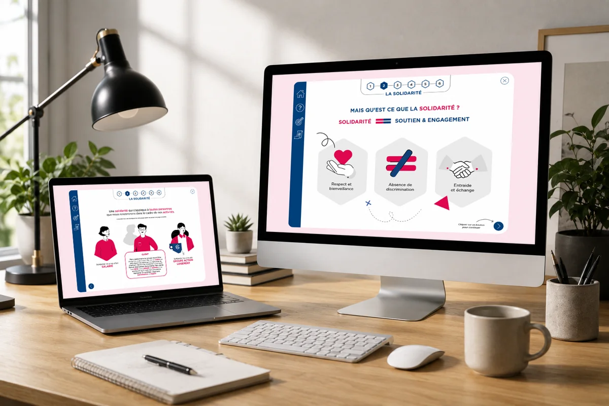 Le module Déontologie affiché sur un écran d'ordinateur et un portable : le chapitre sur la solidarité