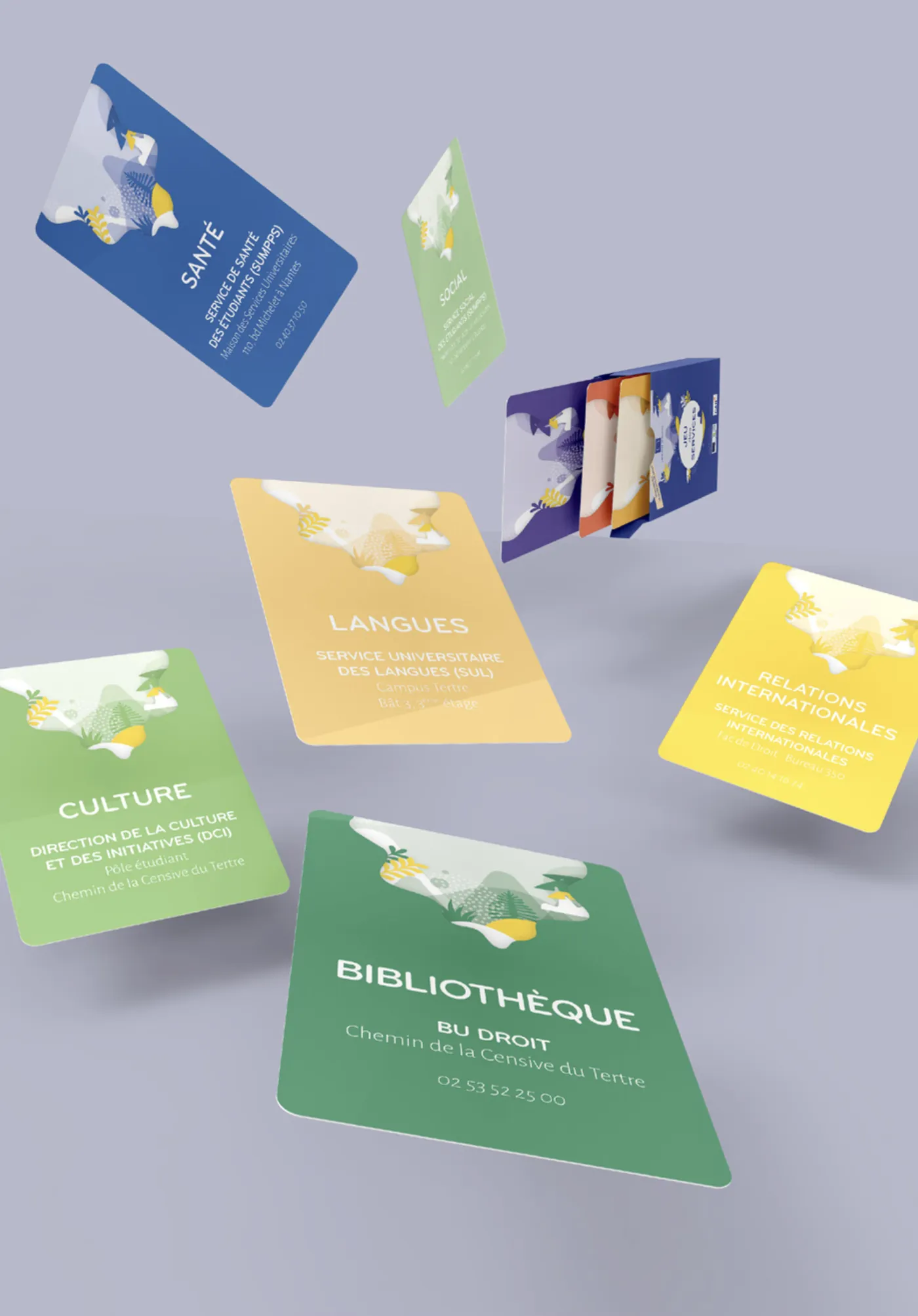 Cartes services colorées du jeu : bibliothèque, langues, culture, santé