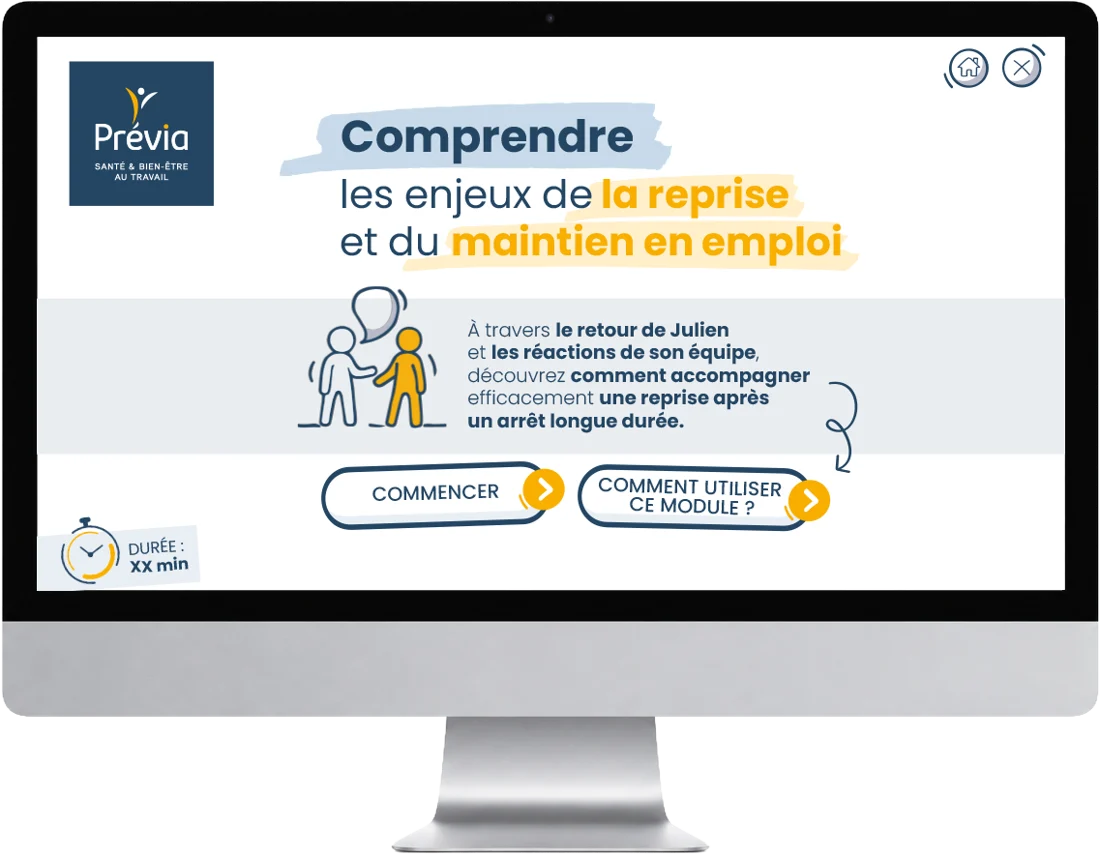 Écran d'accueil du module Prévia : Comprendre les enjeux de la reprise et du maintien en emploi