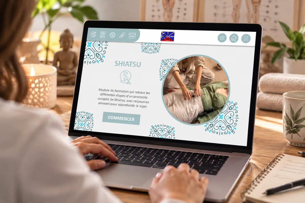 Écran d'accueil du module Shiatsu sur un ordinateur portable, dans un cabinet de bien-être