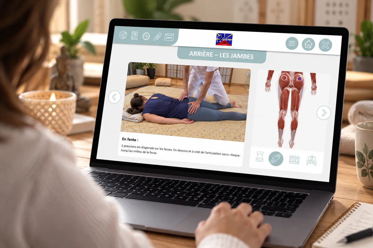 Écran « Arrière, les jambes » : une vidéo de pressions sur les fessiers et le schéma musculaire des jambes